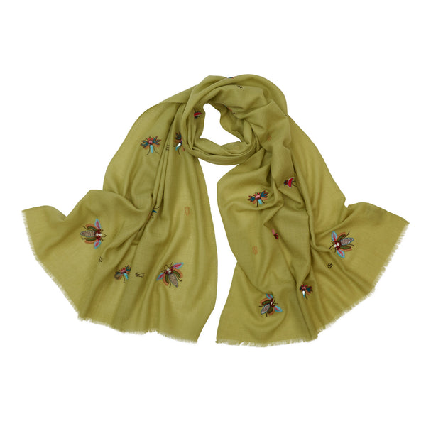 Green Wildlife Motif Silk Wool Scarf