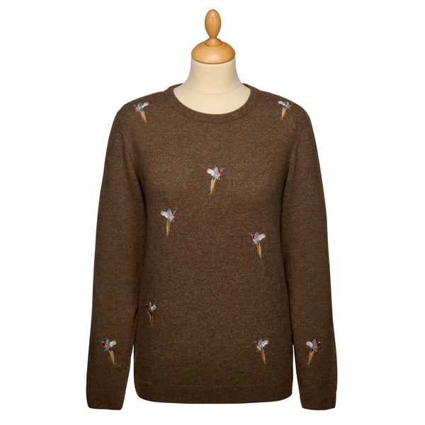 Taupe Pheasant Motif Crewneck