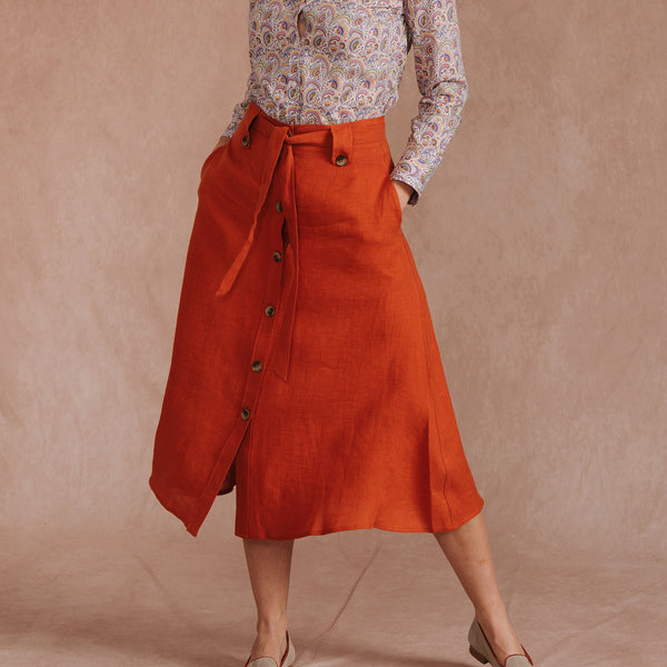 Orange Linen Belted Skirt