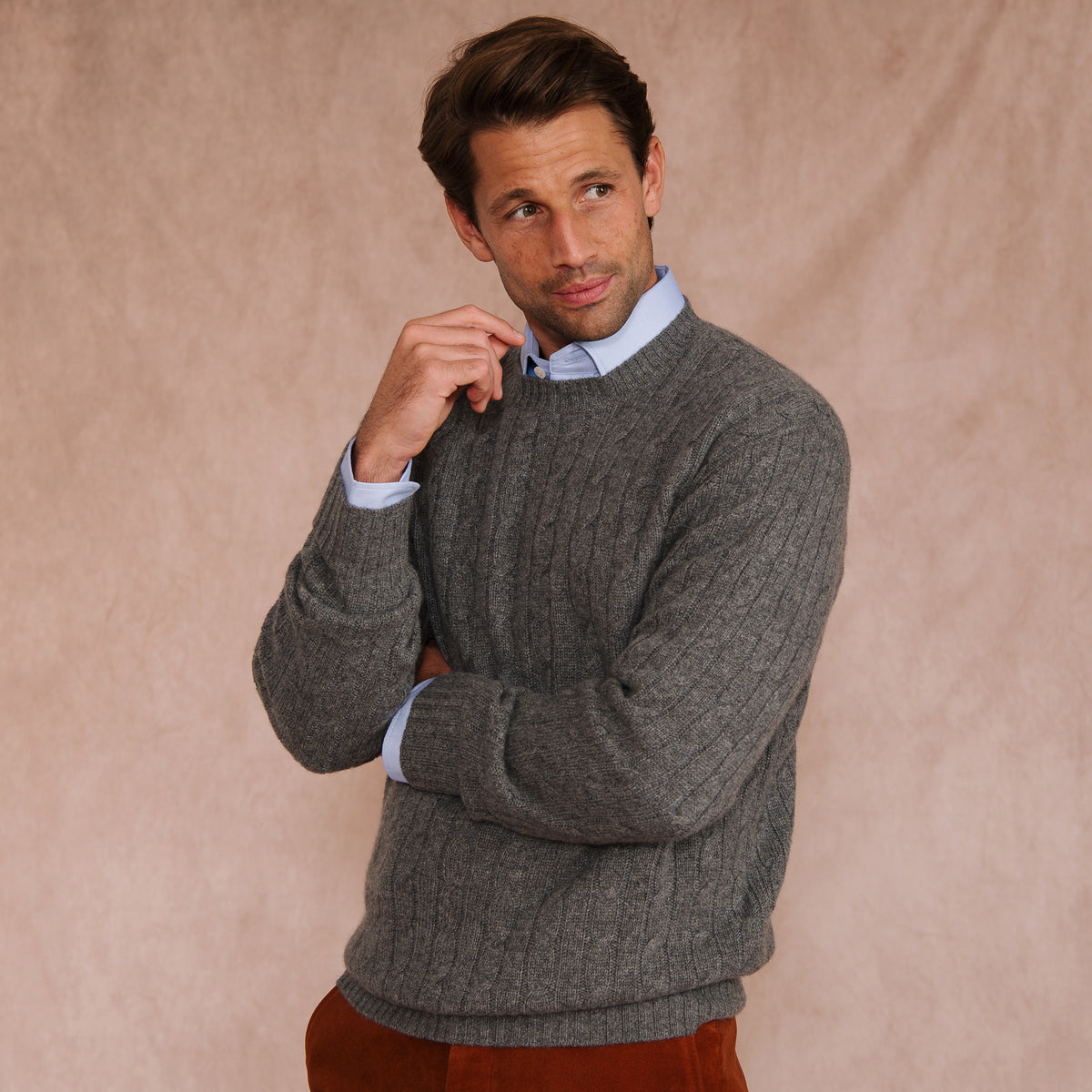 Grey Cashmere Cable Crewneck