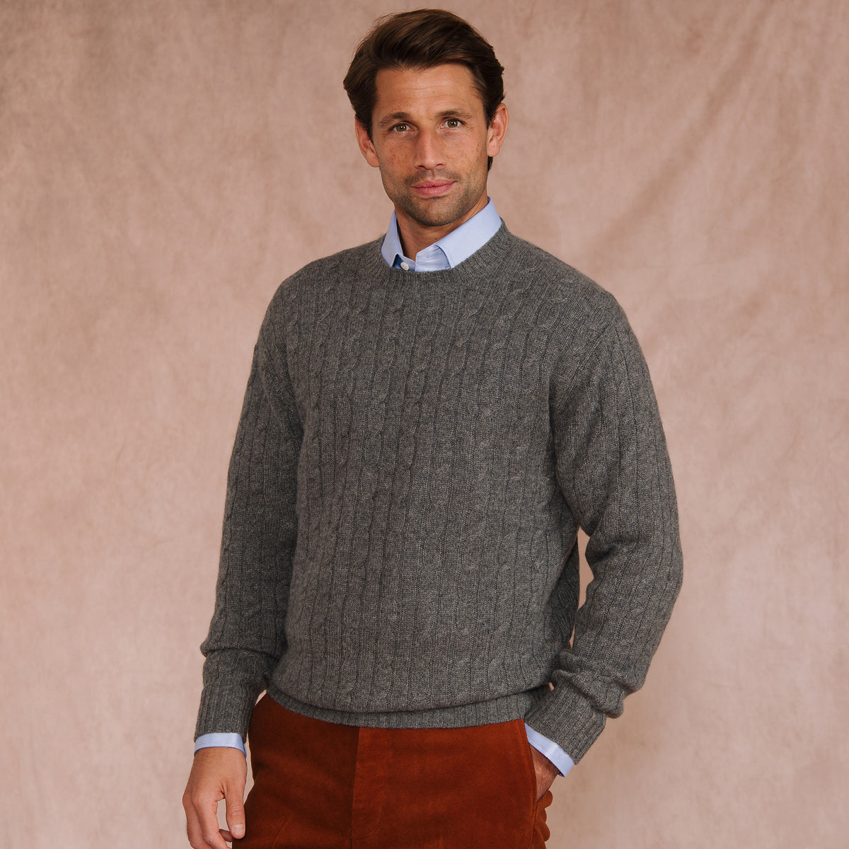 Grey Cashmere Cable Crewneck