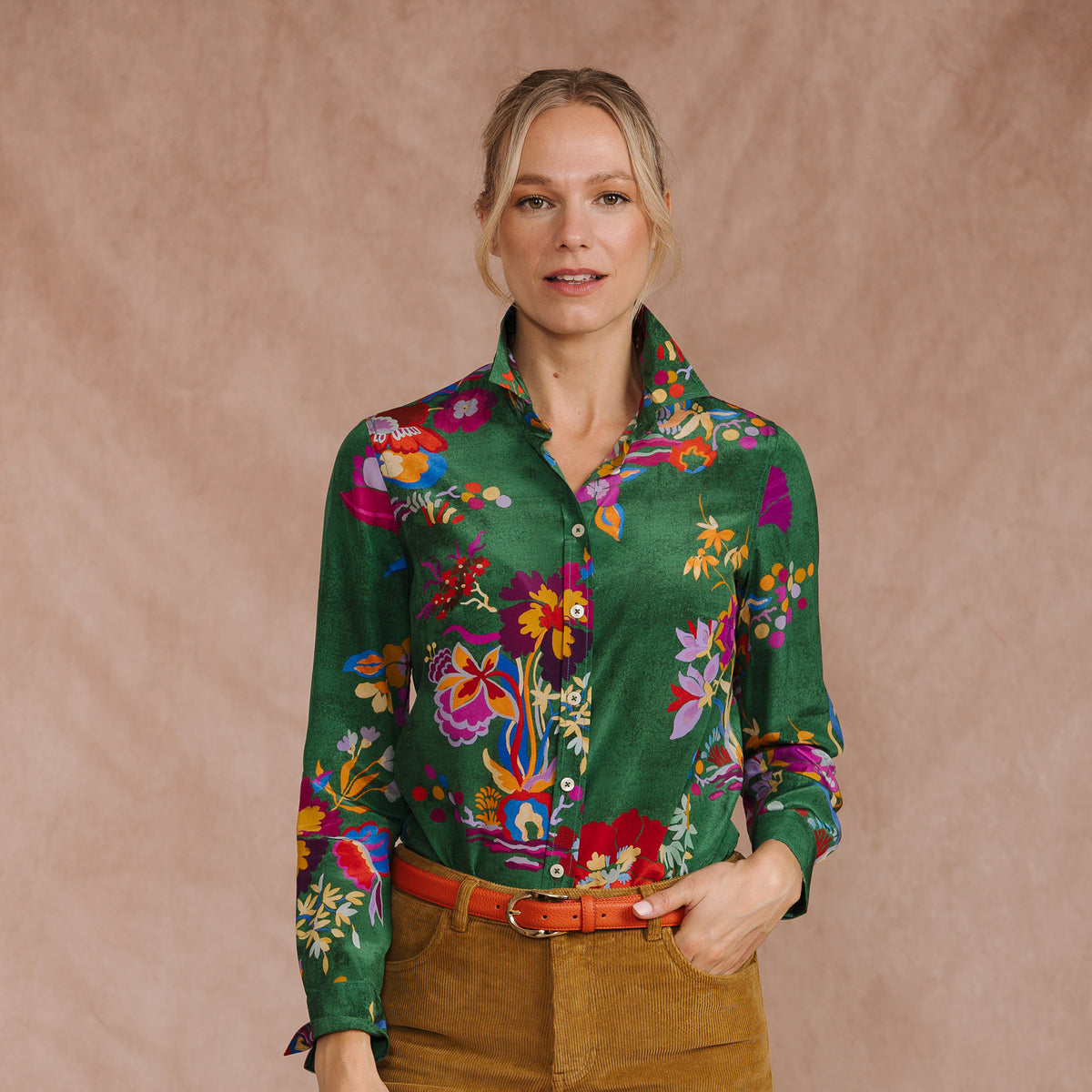 Kanazawa Flowers Crepe de Chine Silk Shirt Made with Liberty Fabric