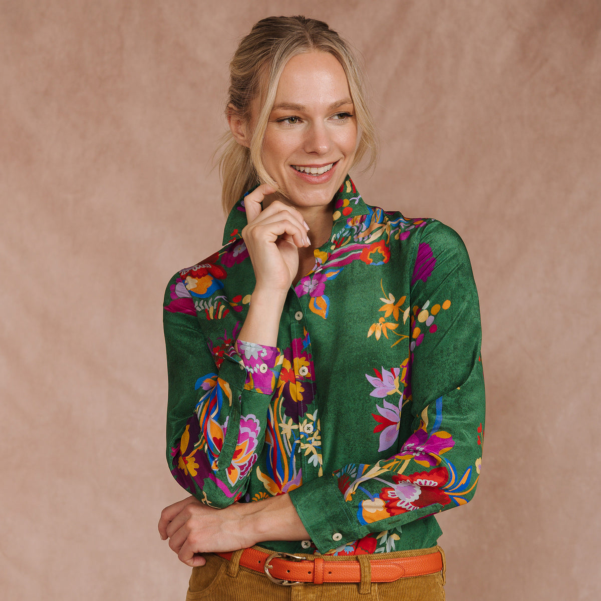 Kanazawa Flowers Crepe de Chine Silk Shirt Made with Liberty Fabric