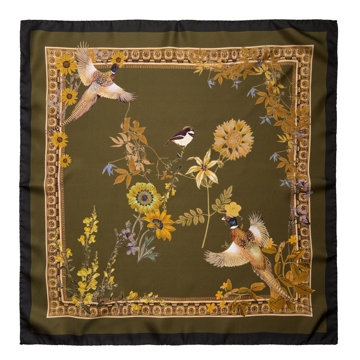 Green Silk Pheasants Square Scarf