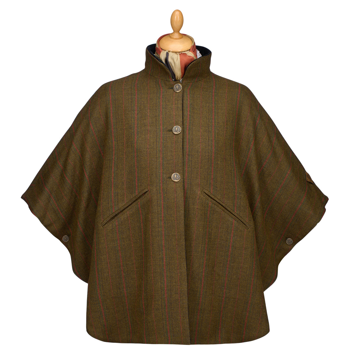 T. Ba Olive Red Check Tweed Reversible Cape
