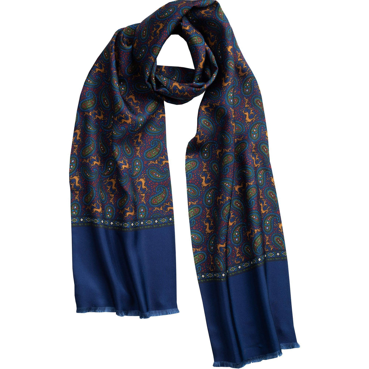 English Navy Madder Print Stag Scarf