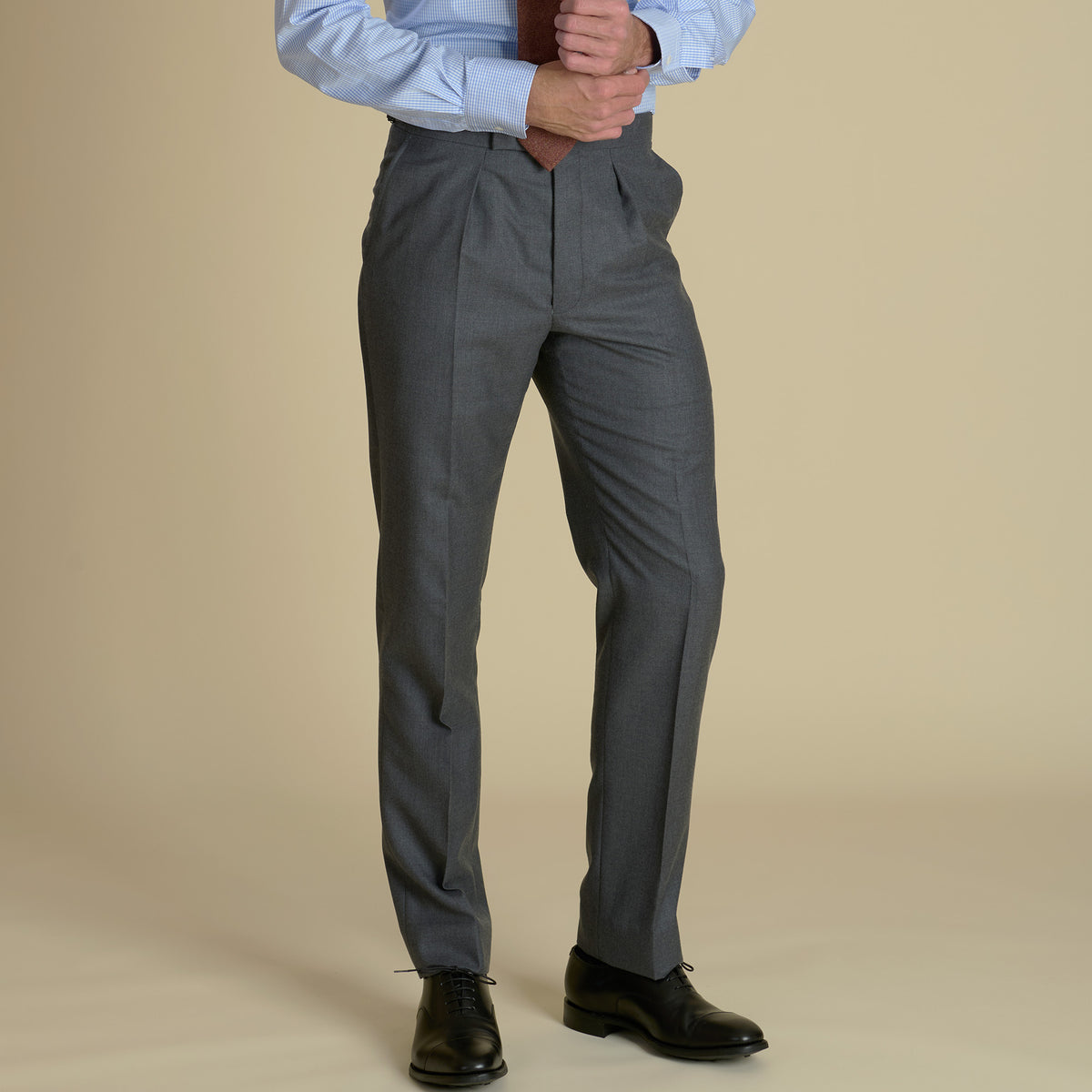 Grey Worsted Flannel Pleated Trousers