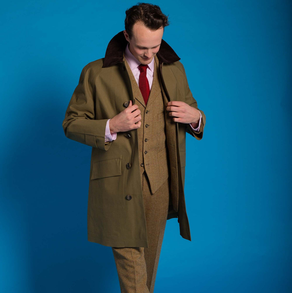 Khaki Huntsman Mackintosh with Corduroy Collar