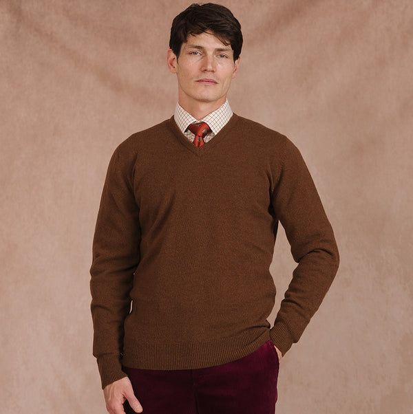Brown Chestnut Lambswool V-Neck Jumper