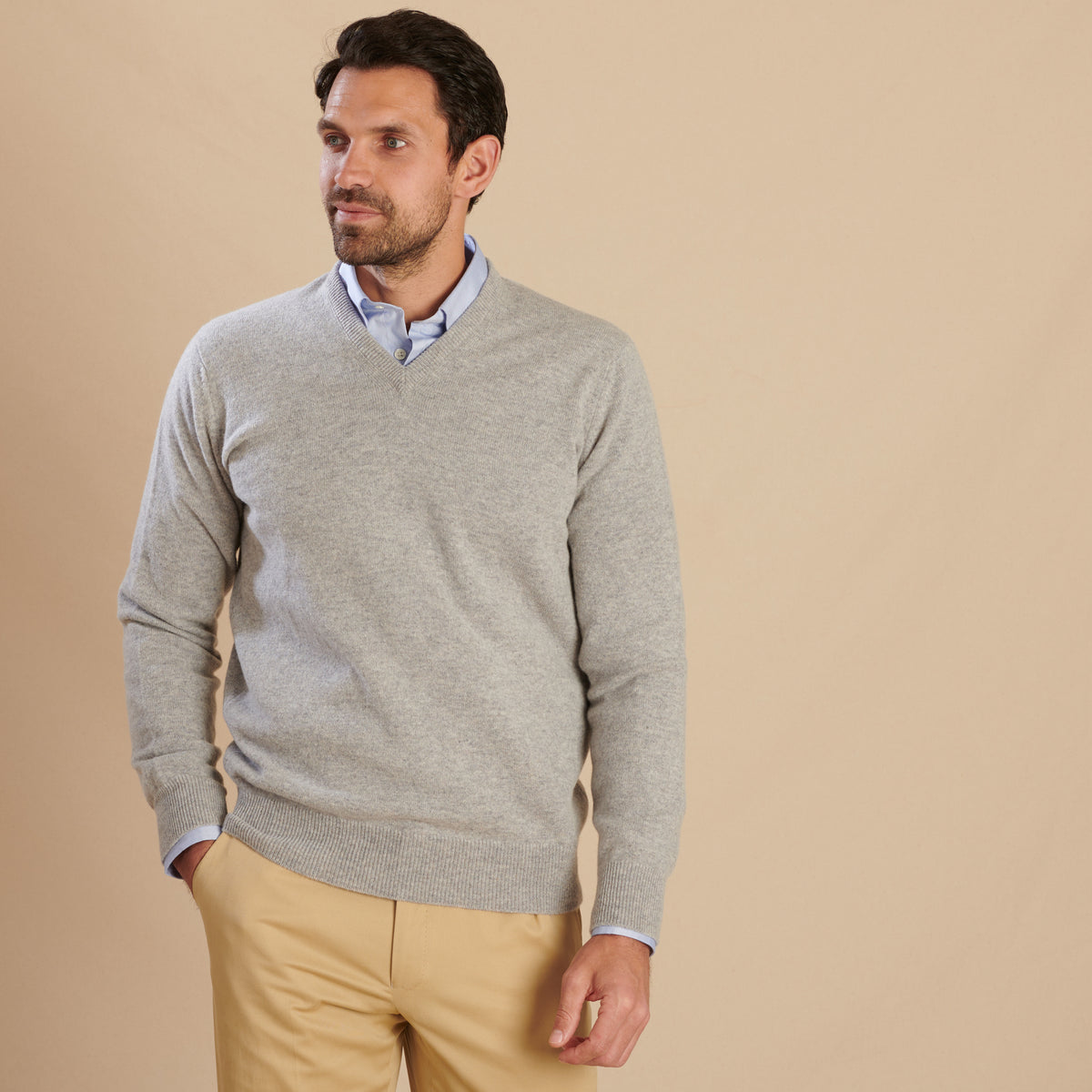 Light Grey Lambswool V-Neck Jumper