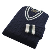 Navy Cable Wool and Cashmere Cricket Jumper