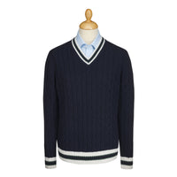 Navy Cable Wool and Cashmere Cricket Jumper