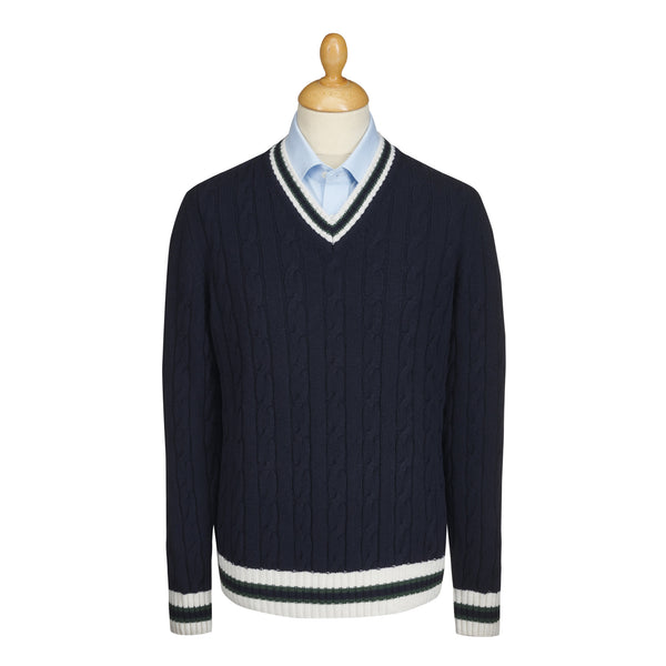 Navy Cable Wool and Cashmere Cricket Jumper