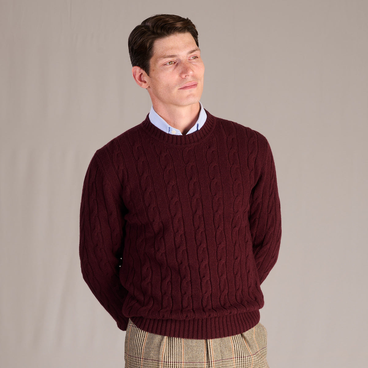 Burgundy Wool & Cashmere Cable Crew Neck