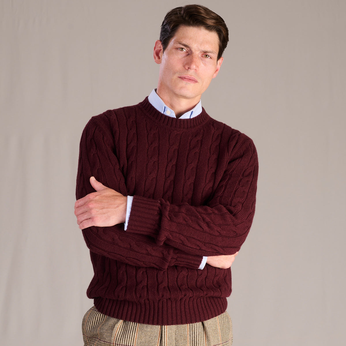 Burgundy Wool & Cashmere Cable Crew Neck