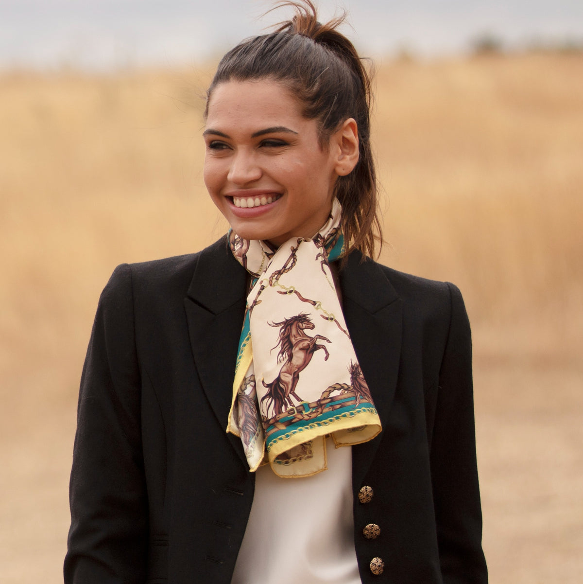 Clare Haggas Rearing To Go Oyster & Teal Narrow Silk Scarf