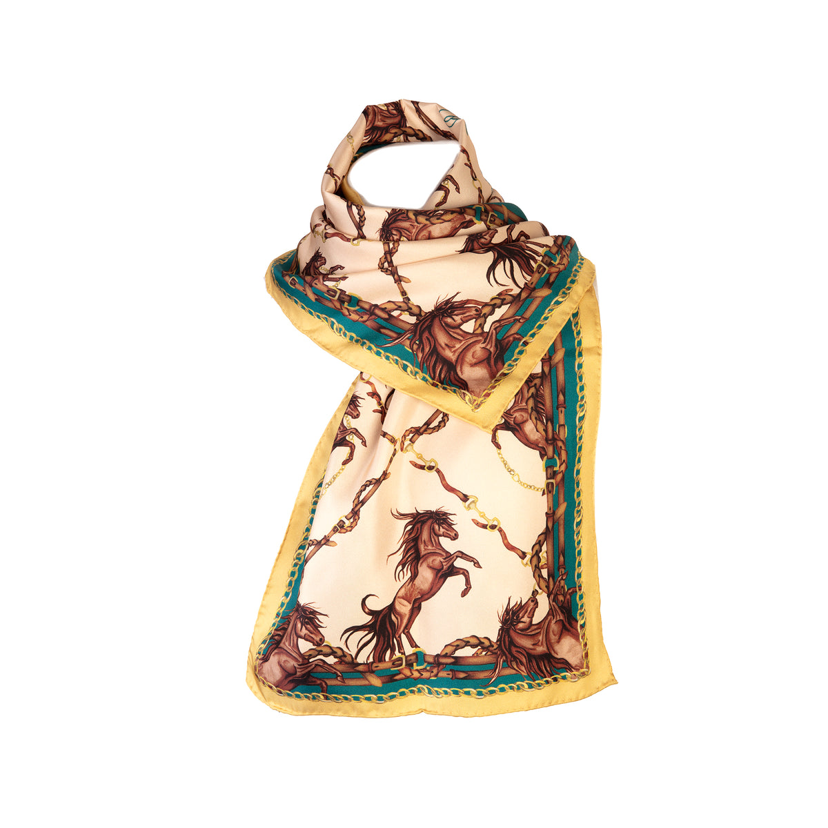 Clare Haggas Rearing To Go Oyster & Teal Narrow Silk Scarf