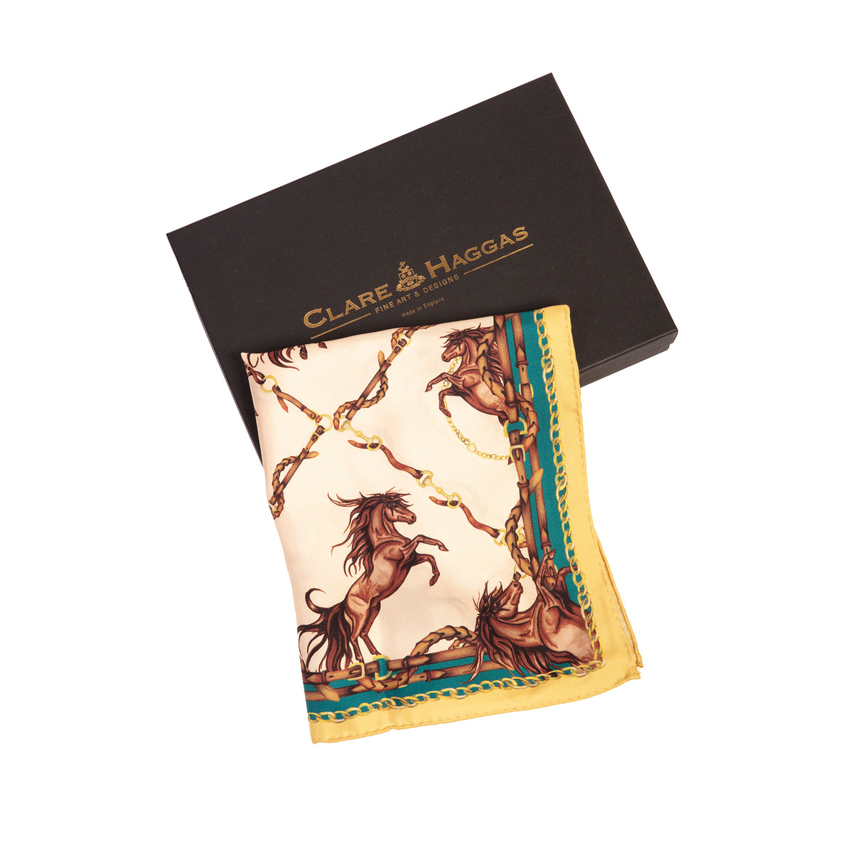 Clare Haggas Rearing To Go Oyster & Teal Narrow Silk Scarf