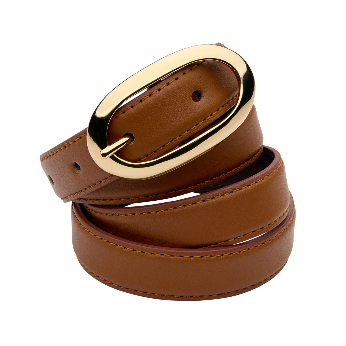 Narrow Tan Leather Oval Buckle Belt