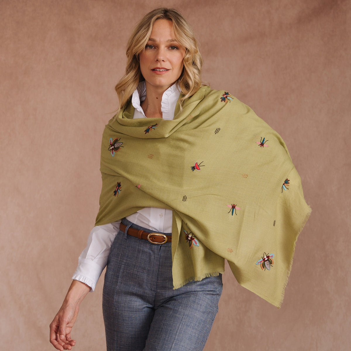 Green Wildlife Motif Silk Wool Scarf