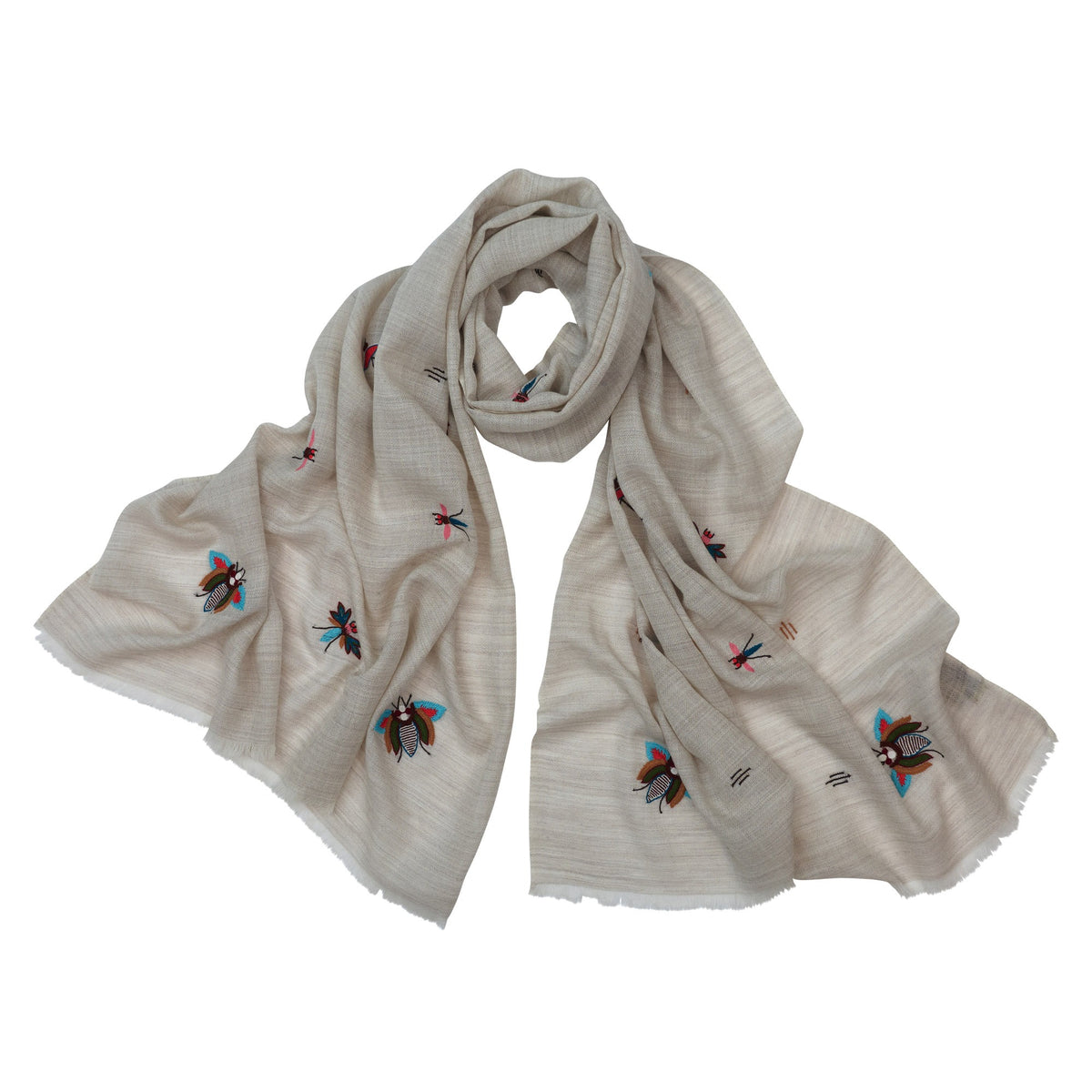 Taupe Wildlife Motif Silk Wool Scarf
