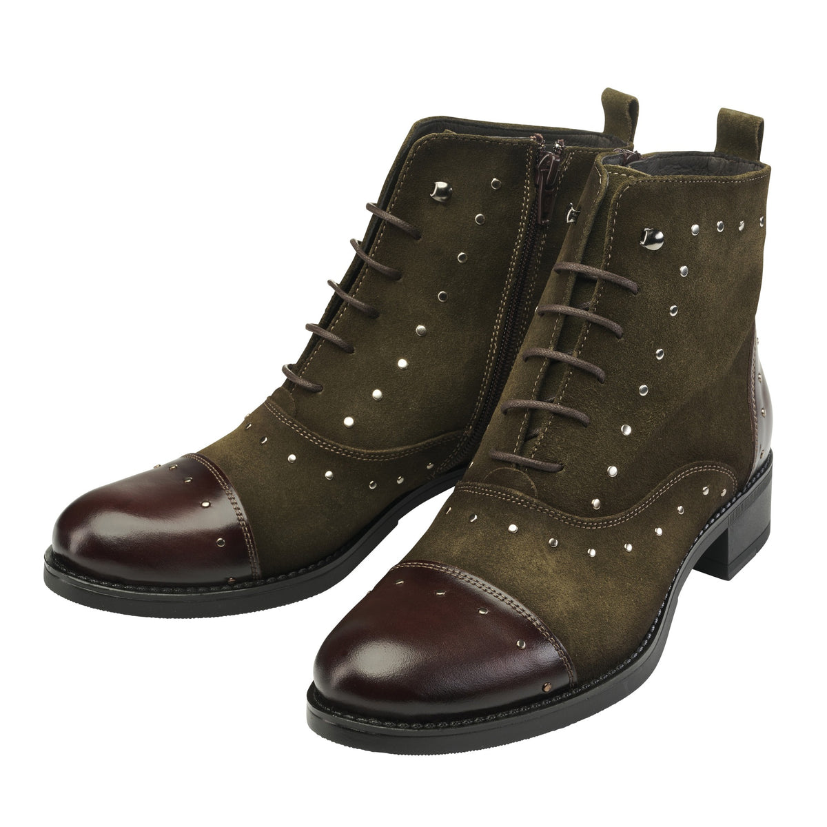 Olive Suede Leather Stud Ankle Boot