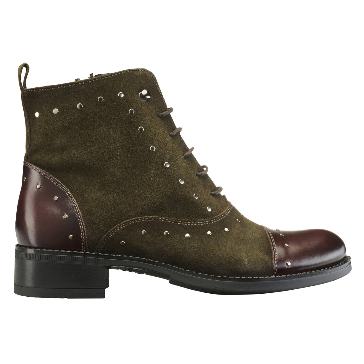 Olive Suede Leather Stud Ankle Boot