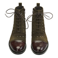 Olive Suede Leather Stud Ankle Boot