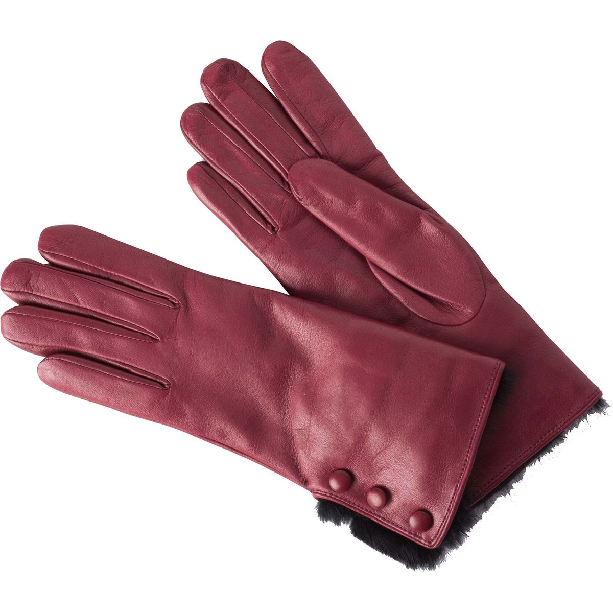 Wine Leather Fur Cuff Gloves