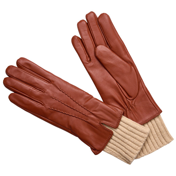 Tan Leather & Knit Cuff Gloves