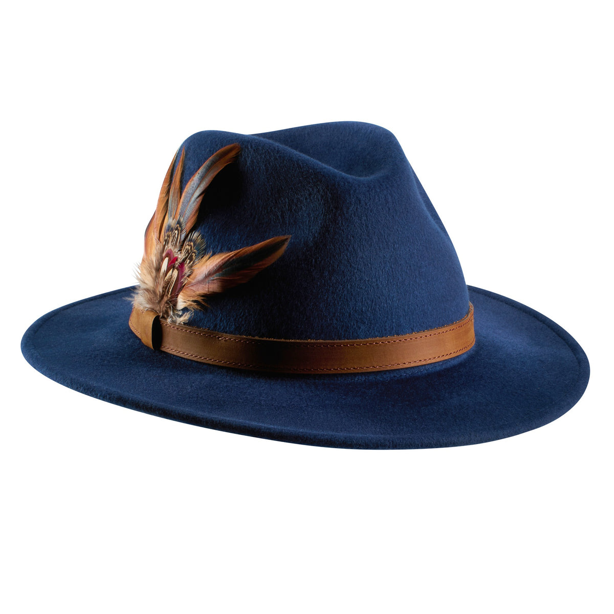 Navy Brushed Wool Feather Fedora