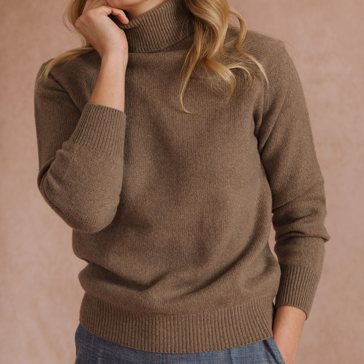 Taupe Merino & Cashmere Roll Neck