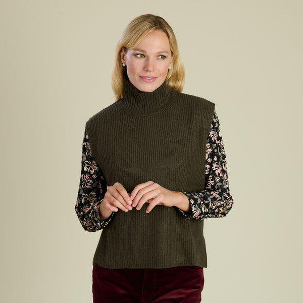 Olive Sleeveless Ribbed Roll Neck
