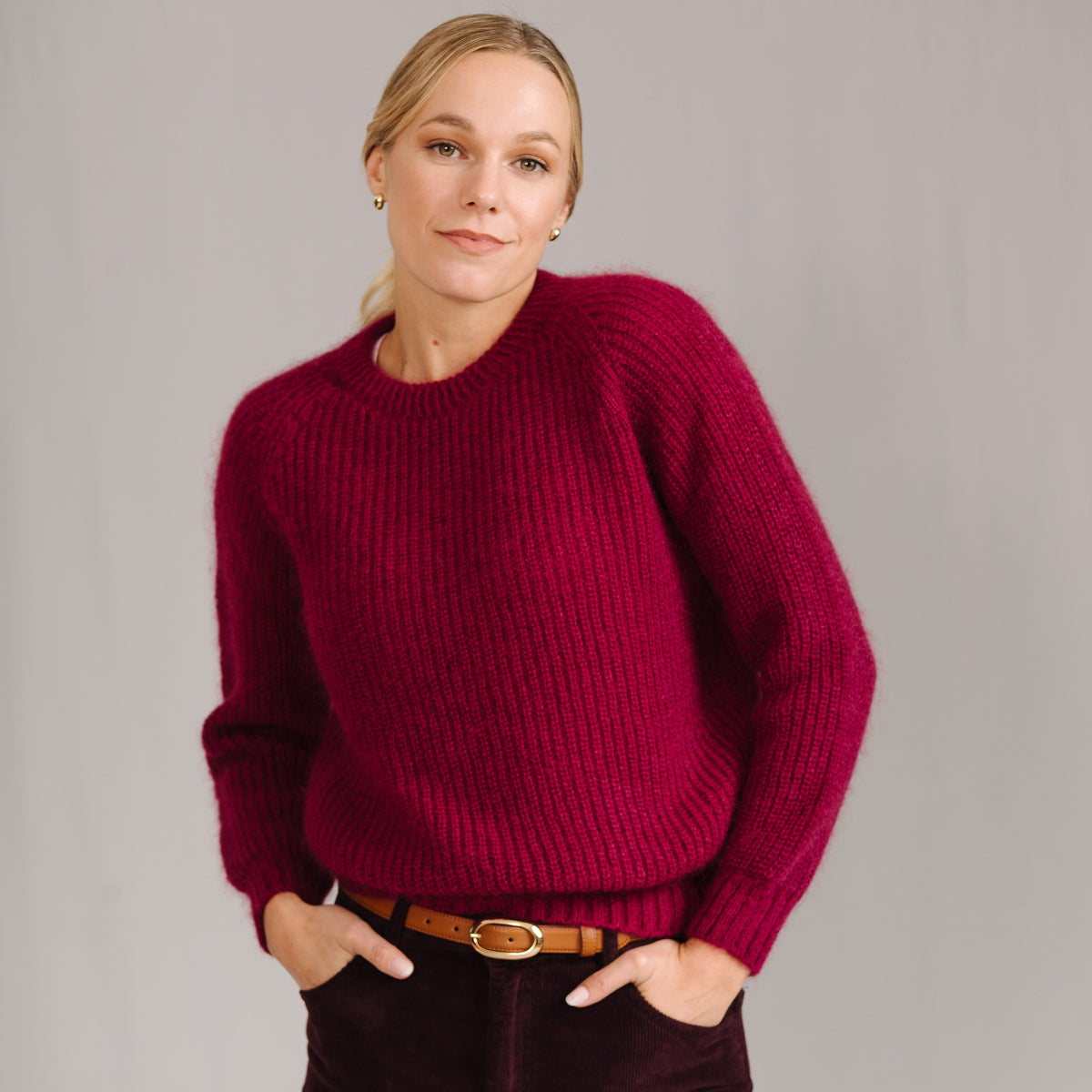 Raspberry Mohair Ribbed Crewneck