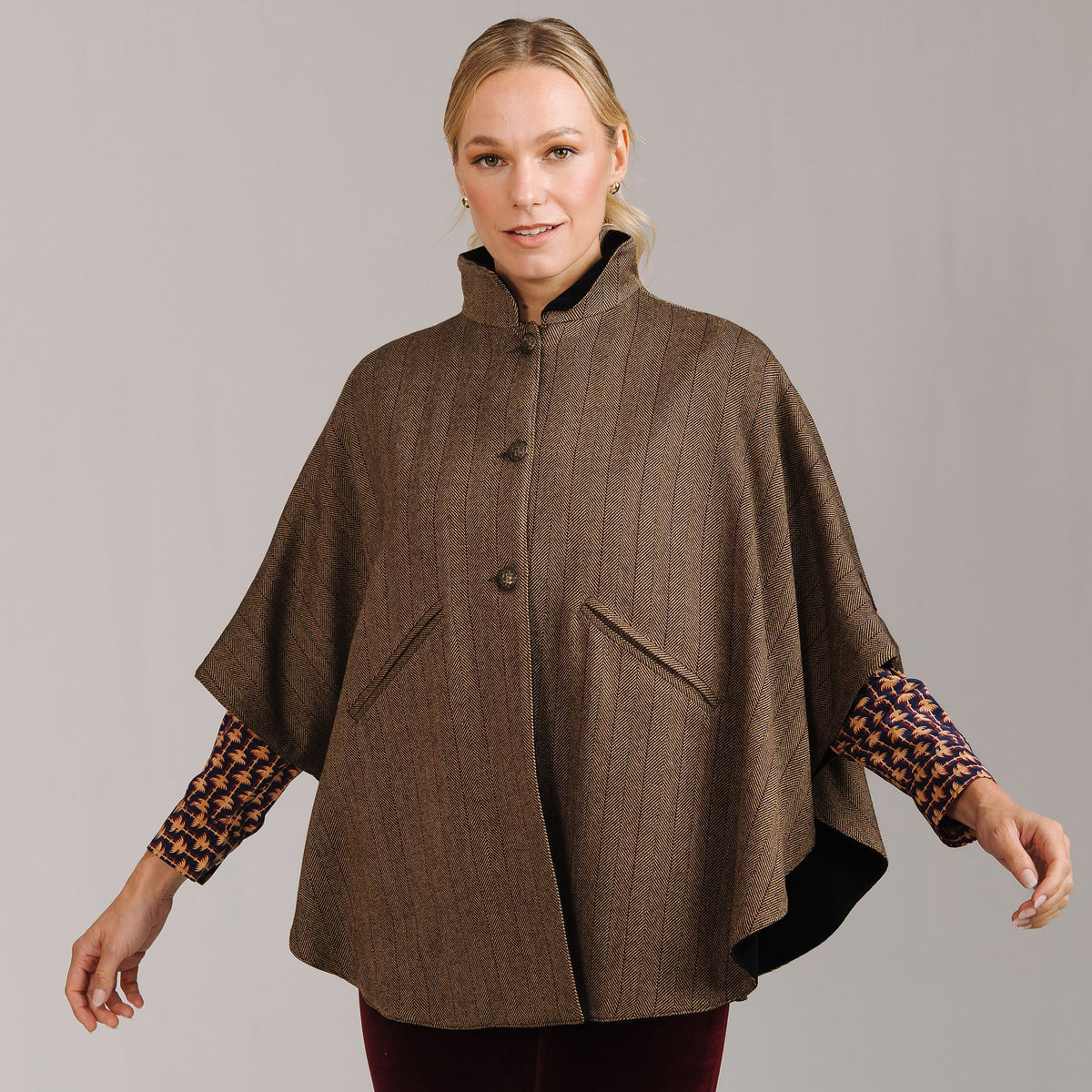 T.ba Herringbone Tweed Reversible Cape