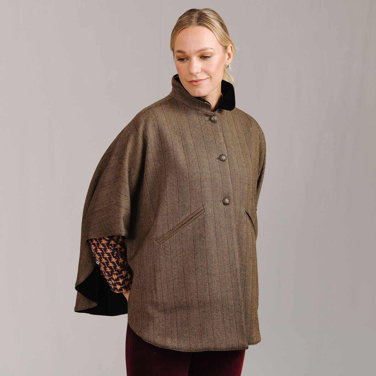 T.ba Herringbone Tweed Reversible Cape