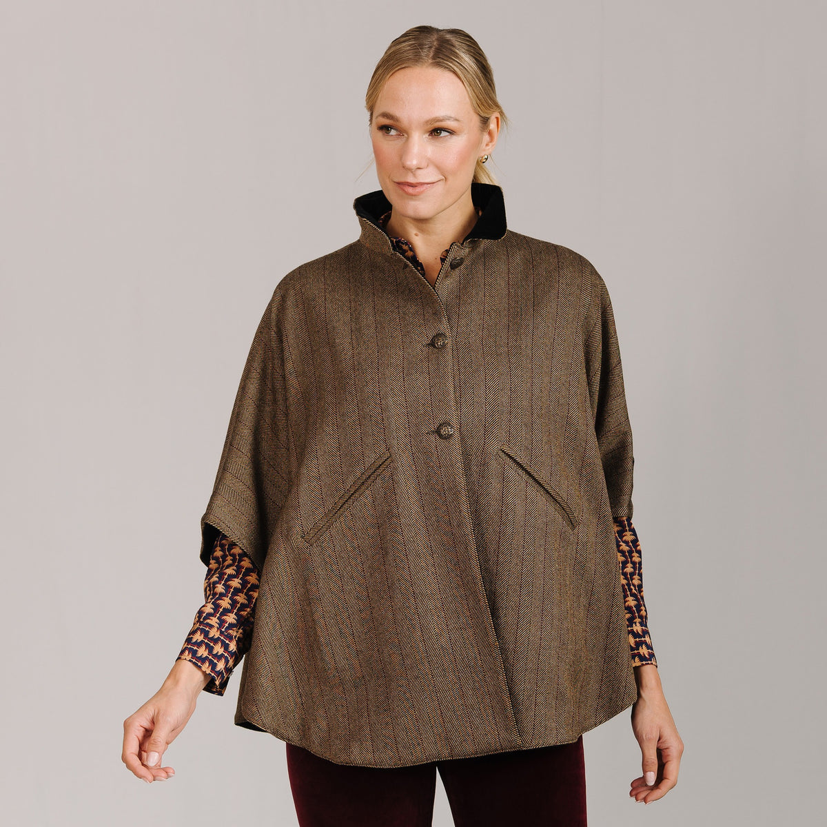 T.ba Herringbone Tweed Reversible Cape