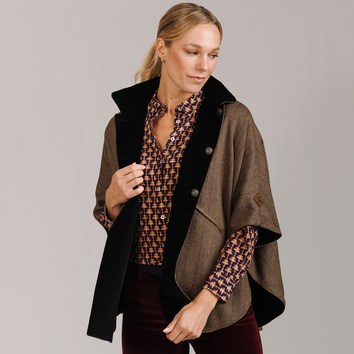 T.ba Herringbone Tweed Reversible Cape
