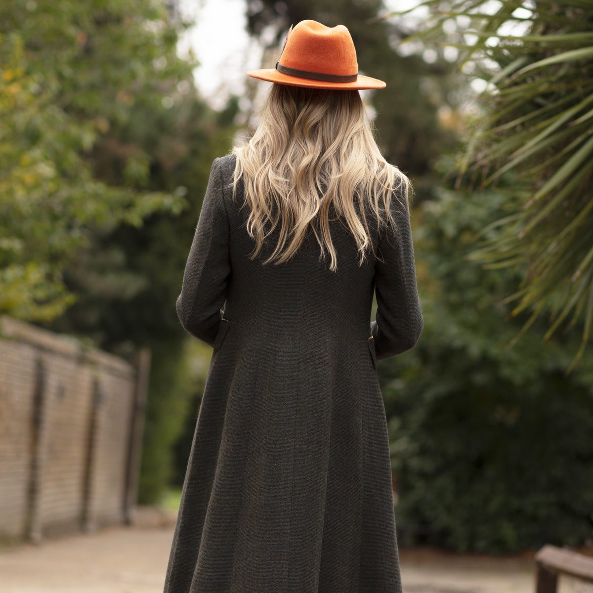 Green Long Tweed With Velvet Trim Coat