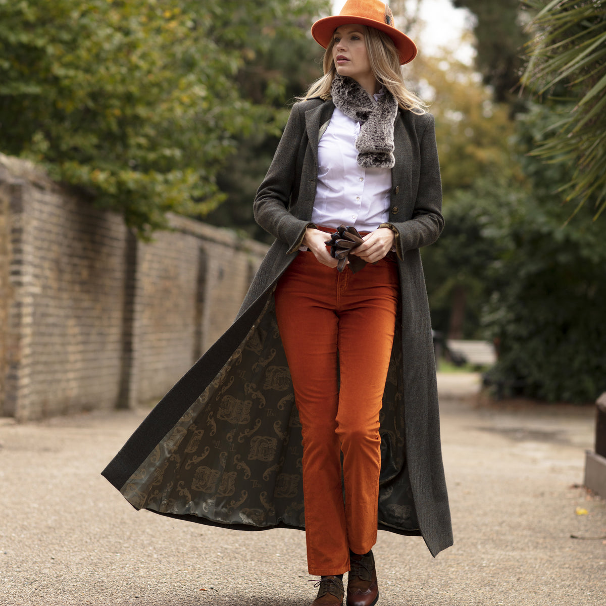 Green Long Tweed With Velvet Trim Coat