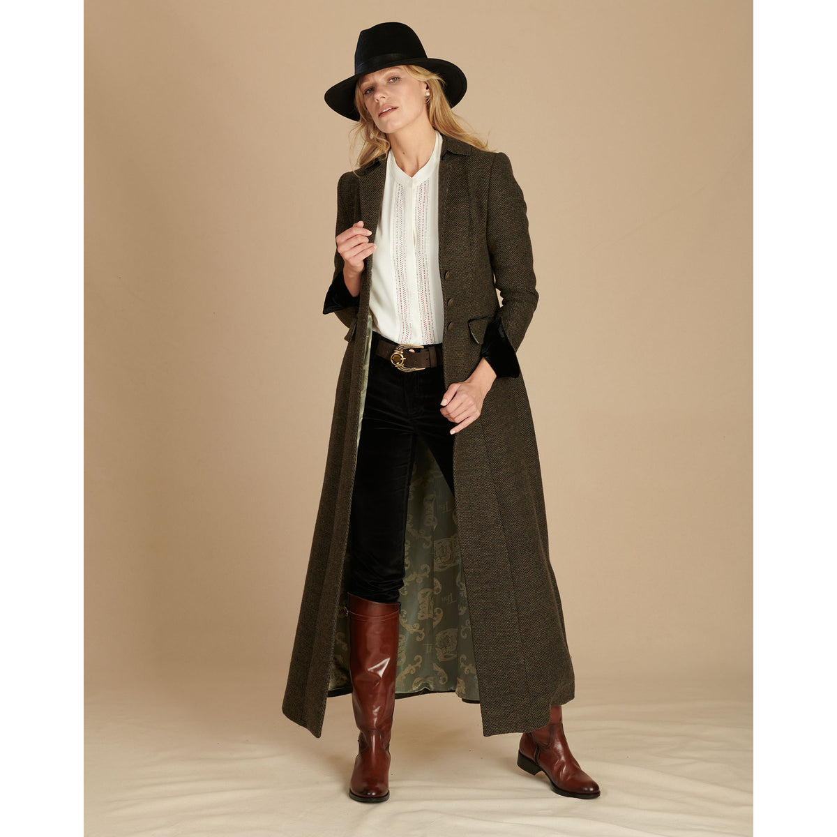 Moss Green Long Tweed With Velvet Trim Coat