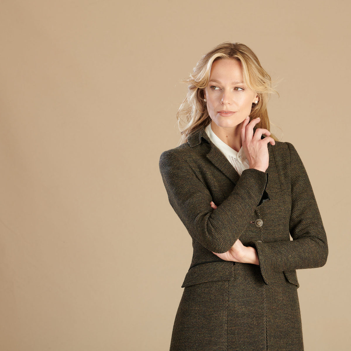 Moss Green Long Tweed With Velvet Trim Coat