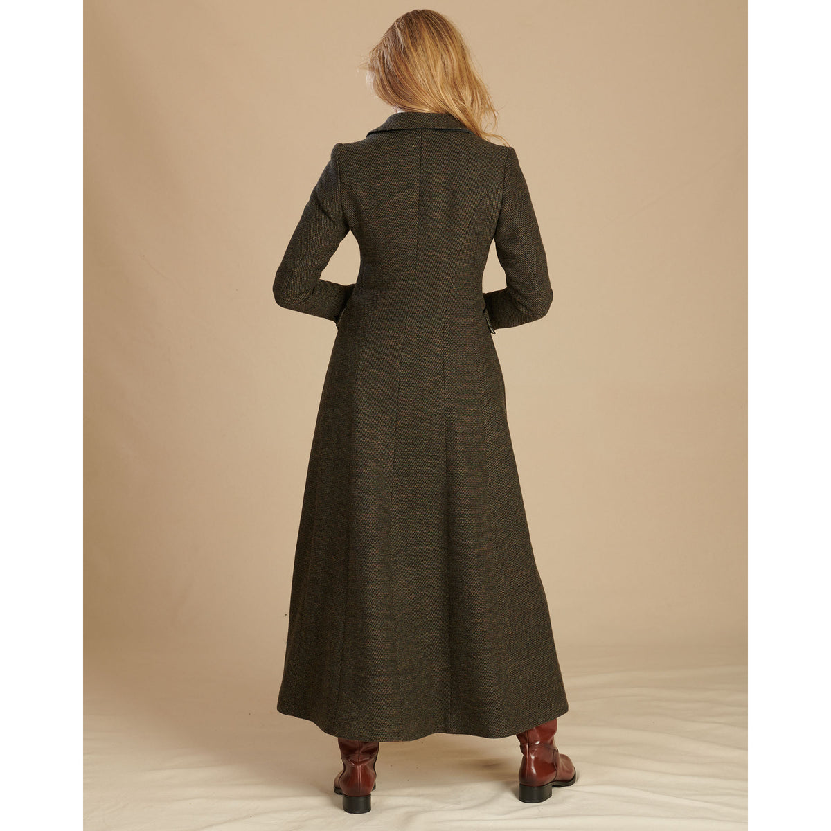 Moss Green Long Tweed With Velvet Trim Coat
