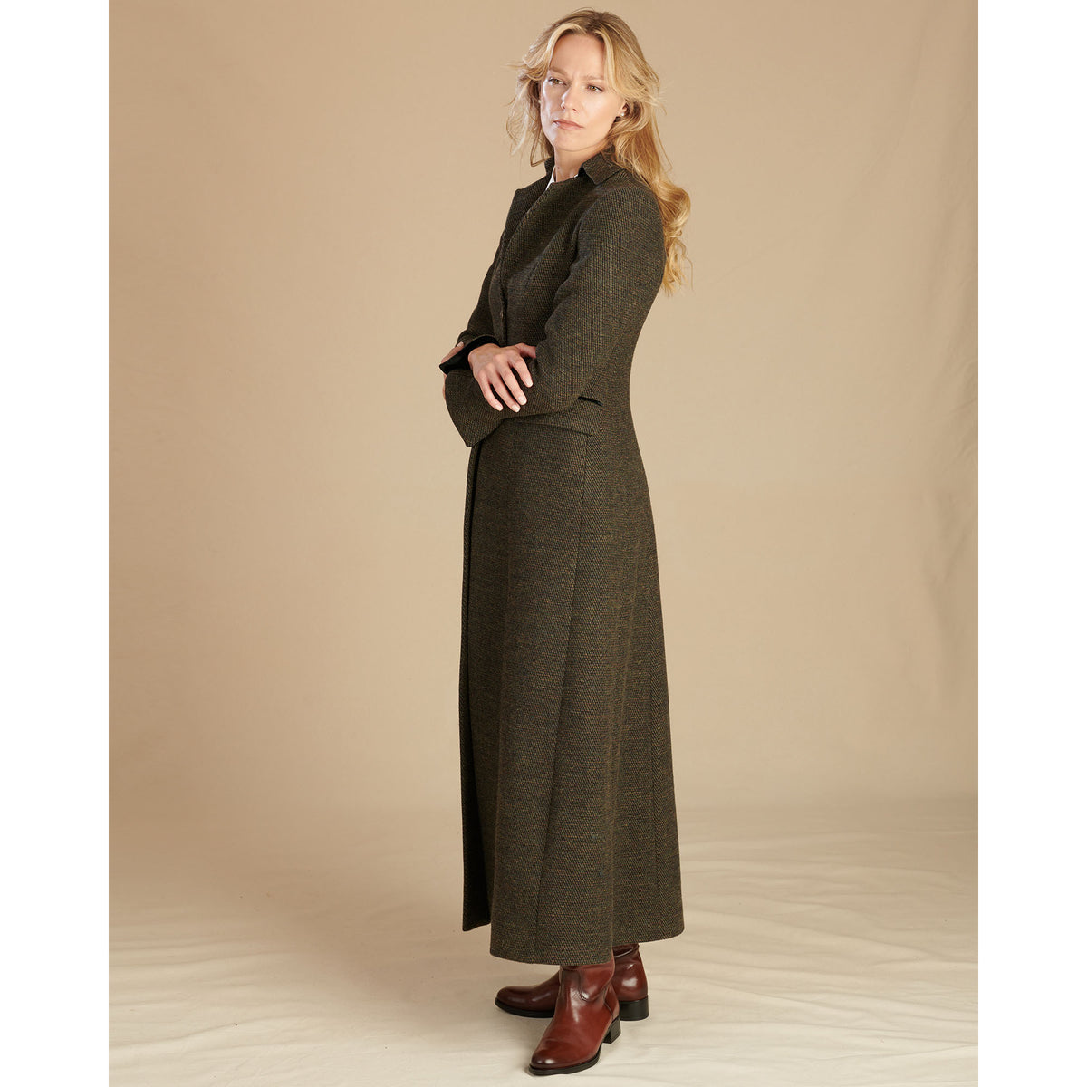 Moss Green Long Tweed With Velvet Trim Coat