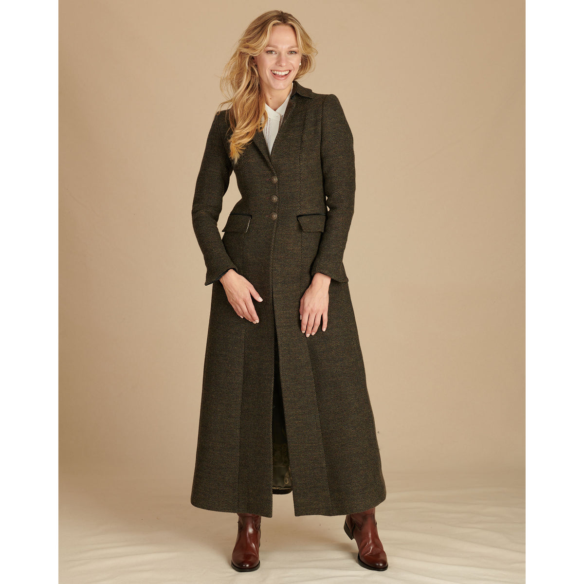 Moss Green Long Tweed With Velvet Trim Coat