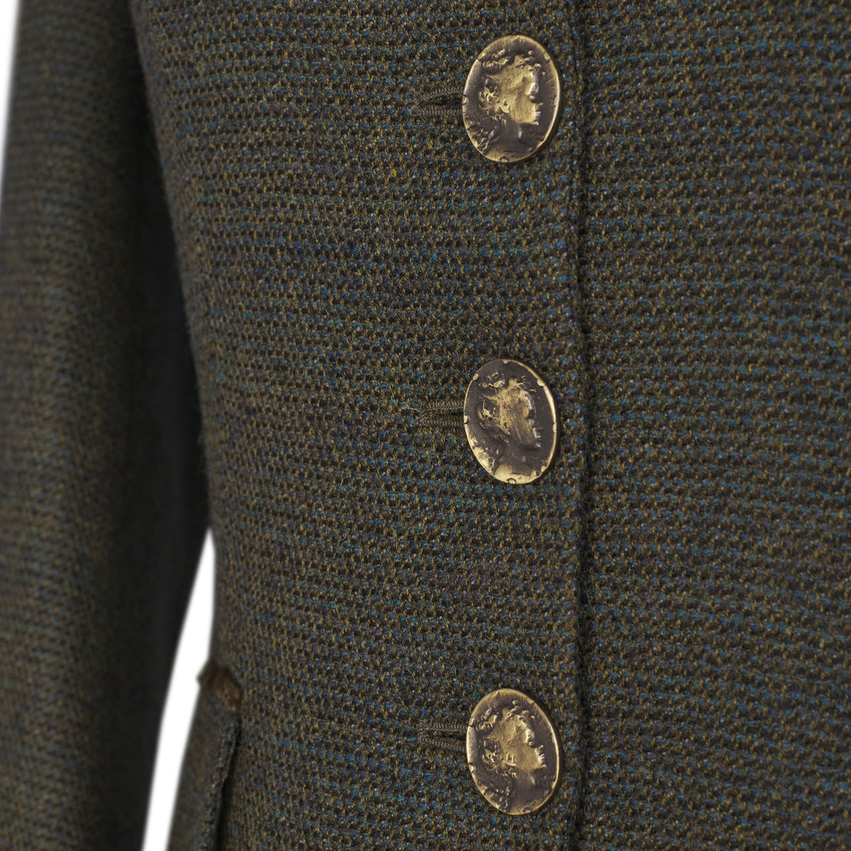 Green Long Tweed With Velvet Trim Coat