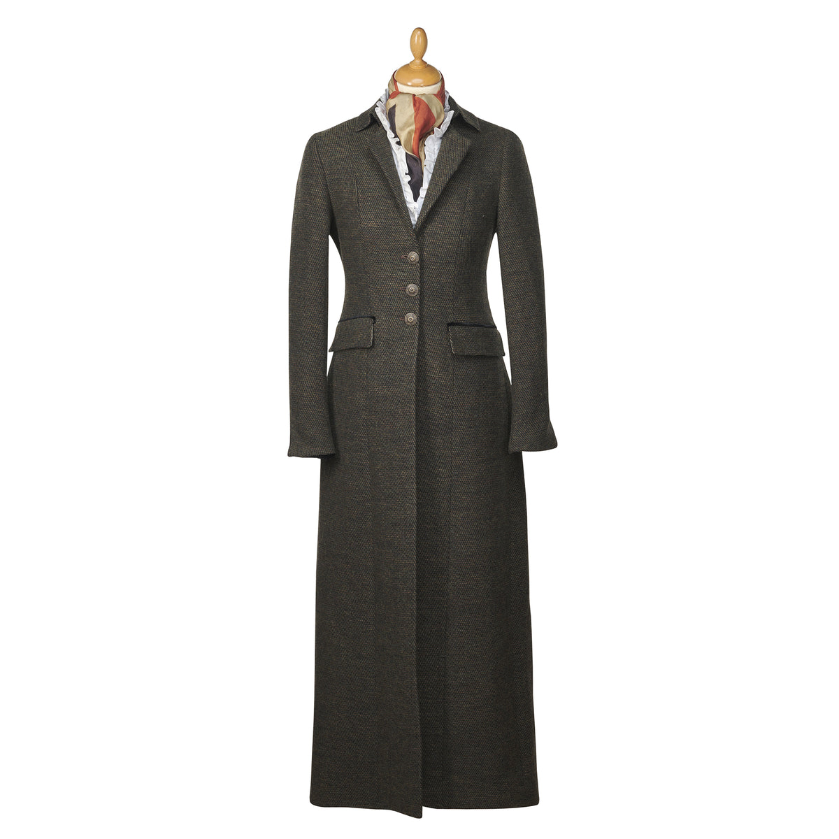 Moss Green Long Tweed With Velvet Trim Coat