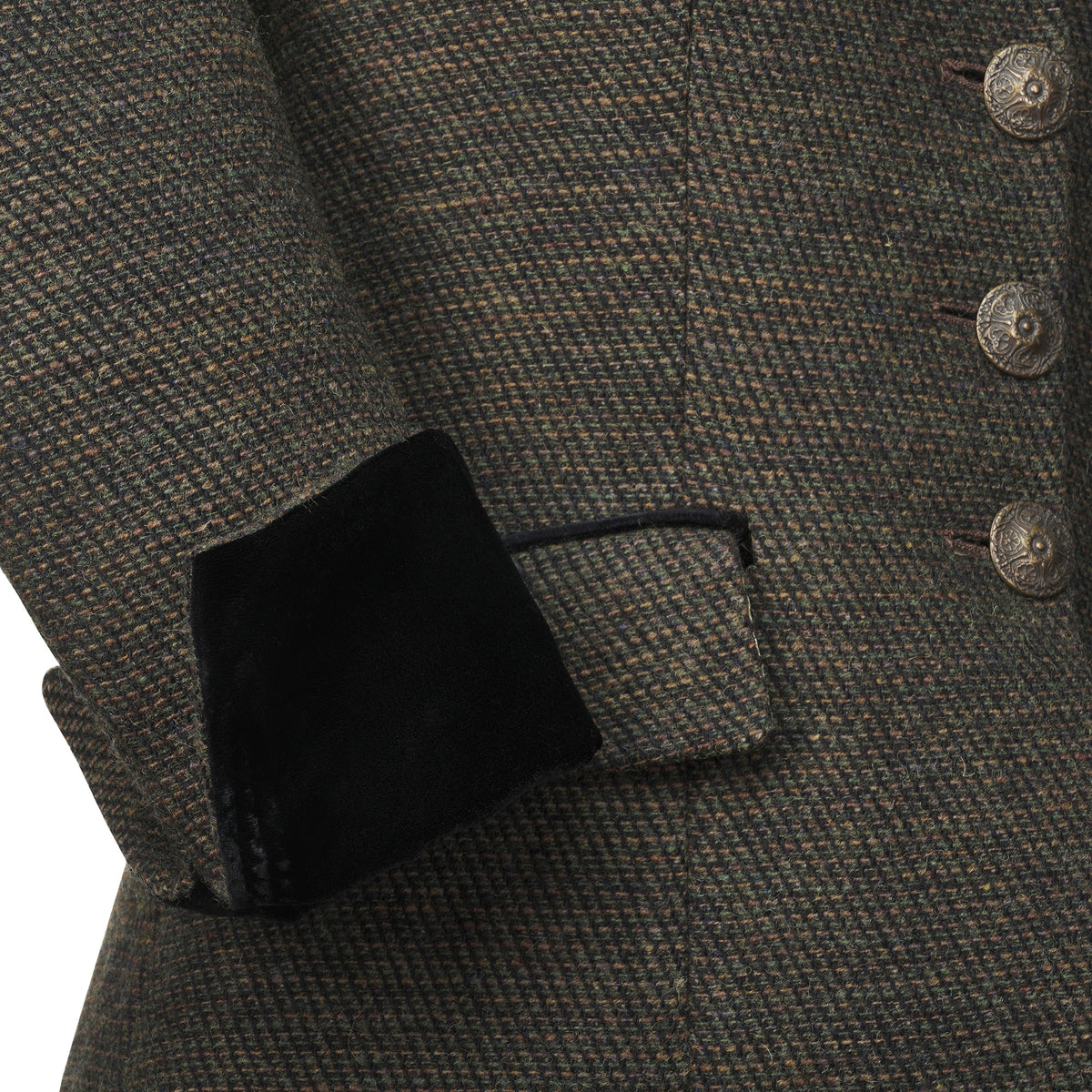 Moss Green Long Tweed With Velvet Trim Coat