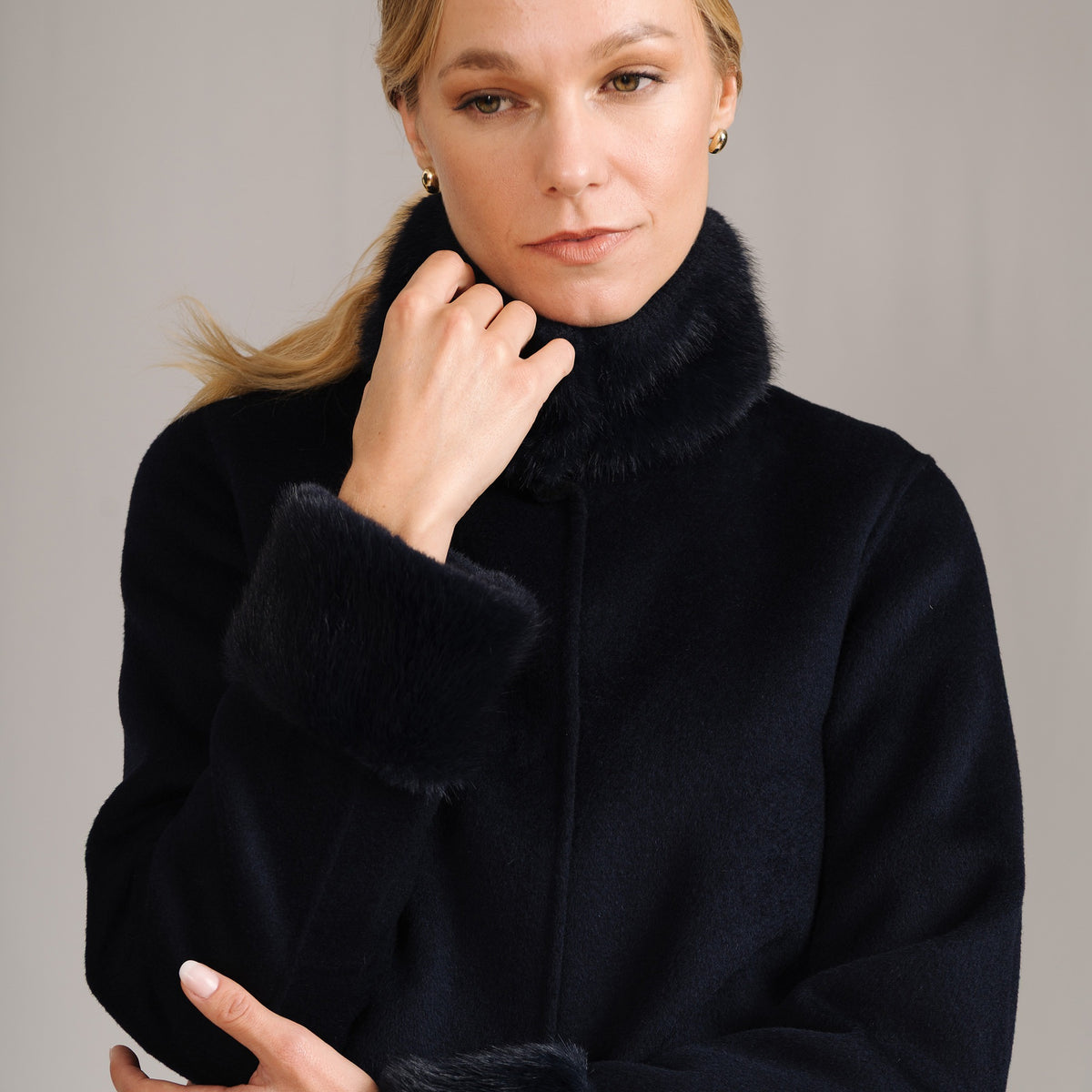 Navy Faux Fur Collar Coat