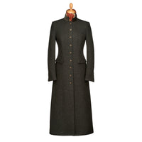 A long dark charcoal gray wool coat with a high stand collar, buttoned front, and flap pockets, displayed on a mannequin torso against a plain white background.